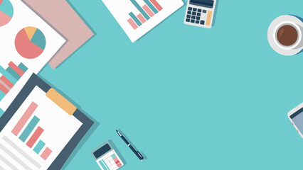 Overhead view of a desk with financial reports, calculator, pen, coffee, and a smartphone on blue