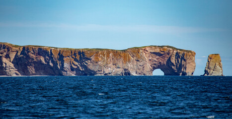 A View of Perce Rock and The Pierced Island in Quebec, Canada
