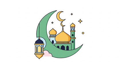 Islamic mosque illustration with golden dome and minarets, crescent moon, and lantern, symbolizing Ramadan or Eid celebrations.