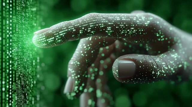Futuristic hand touching glowing data stream and green code hologram interface medical technology fingertip interaction creating luminous digital data visualization and connection