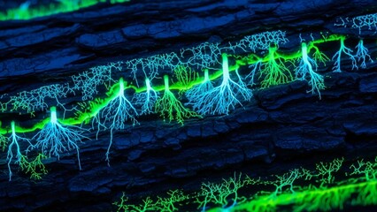 Glowing organic light structures form an abstract pattern on a dark background, evoking networks, electric circuits, and biological connections