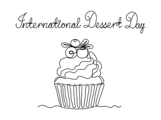 International dessert day.  Greeting card. Abstract cake with cream and berry cranberry, muffin, cupcake, continuous single one line art hand drawing sketch logo on white background