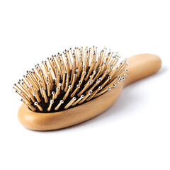 Natural wooden paddle hairbrush isolated on white background