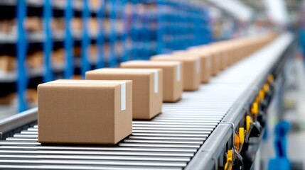 Neatly packed boxes slide along a conveyor belt in a busy warehouse, where workers efficiently manage the flow of goods during a bustling day of operations