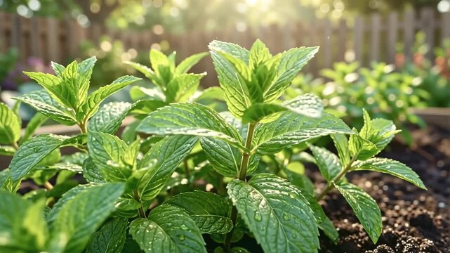 Mint plants grow in garden during morning sunlight in backyard video
