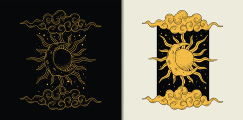 Engraved hand drawn cosmic sun and moon surrounded by clouds and stars