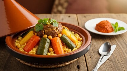 Delicious moroccan tagine with couscous, meat, and vegetables presented on a rustic wooden table setting with a side of harissa sauce, showcasing authentic north african cuisine
