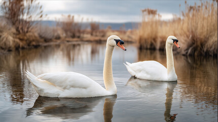 Obraz premium Majestic White Swans Swimming in Serene Lake Water with Reflections and Golden Brown Reeds Under Cloudy Sky