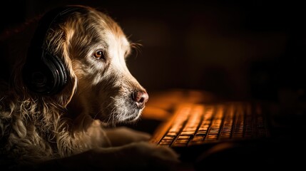 Dog with headphones looking at computer keyboard illuminated by orange glow