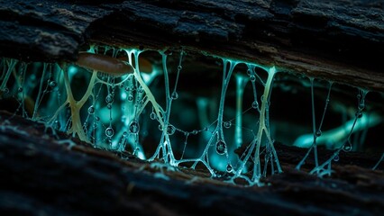 Close up photo depicts striking bioluminescent slime mold showcasing vibrant blue green hues on decaying wood in a dark forest environment illuminated by its own mystical glow