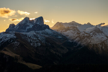 Aerial view of the Dolomites mountains in Italy, dramatic alpine landscape