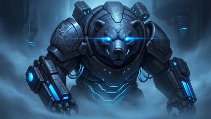 Cyberpunk bear in heavy armor with glowing blue details stands menacingly amidst a smoky backdrop, creating a futuristic and powerful visual