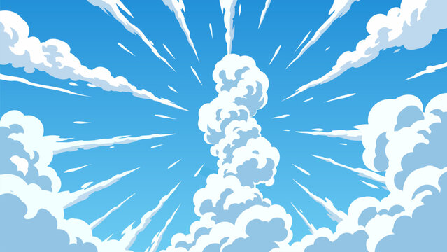 Stylized Dynamic Anime Manga Style Cloud Explosion and Smoke Plume with Radial Motion Lines in Blue Sky Scenery