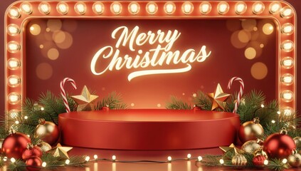 A Christmas banner featuring the phrase "Merry Christmas" prominently displayed in a whimsical font. The background is adorned with retro light bulbs that glow warmly, emitting a soft golden light.