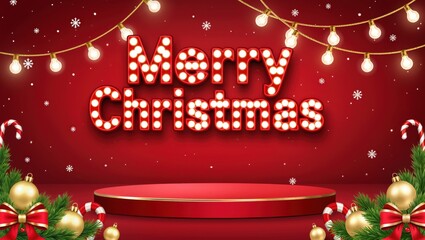 A Christmas banner featuring the phrase "Merry Christmas" prominently displayed in a whimsical font. The background is adorned with retro light bulbs that glow warmly, emitting a soft golden light.
