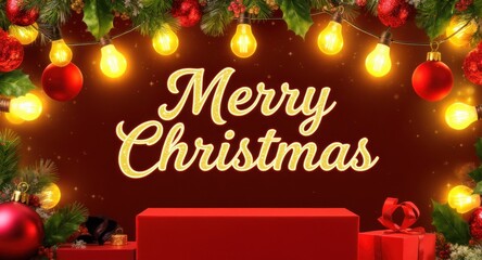 A Christmas banner featuring the phrase "Merry Christmas" prominently displayed in a whimsical font. The background is adorned with retro light bulbs that glow warmly, emitting a soft golden light.
