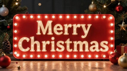 A Christmas banner featuring the phrase "Merry Christmas" prominently displayed in a whimsical font. The background is adorned with retro light bulbs that glow warmly, emitting a soft golden light.