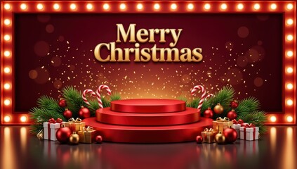 A Christmas banner featuring the phrase "Merry Christmas" prominently displayed in a whimsical font. The background is adorned with retro light bulbs that glow warmly, emitting a soft golden light.