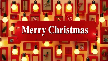 A Christmas banner featuring the phrase "Merry Christmas" prominently displayed in a whimsical font. The background is adorned with retro light bulbs that glow warmly, emitting a soft golden light.