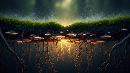 Enigmatic mushroom colony beneath a forest, showcasing interconnected root systems and glowing light, creating an ethereal underground landscape, fantasy art style, intricate