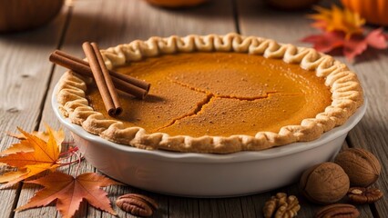Delicious pumpkin pie with cinnamon sticks and autumn leaves on a rustic wooden table, perfect for thanksgiving or fall celebrations, photographed in warm, inviting light