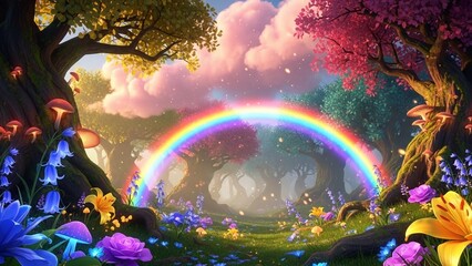 Enchanting forest landscape featuring a vibrant rainbow, illuminated mushrooms, colorful blossoms, and soft, pastel clouds under a tranquil sky, creating a magical atmosphere