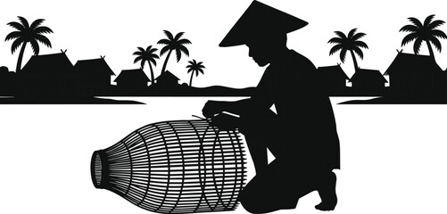 Traditional fisherman silhouette repairing bamboo fish trap, rural village background with palm trees and houses, cultural coastal livelihood vector illustration isolated on white background