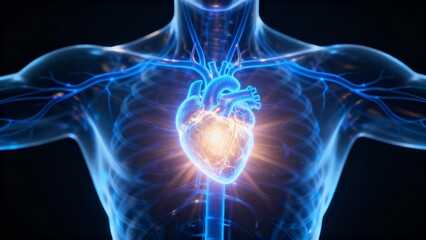 Human heart anatomy with glowing cardiovascular system visualization