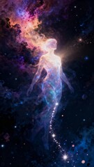 Ethereal human soul ascending through cosmic space energy