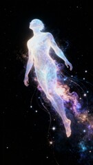 Ethereal human soul ascending through cosmic space energy