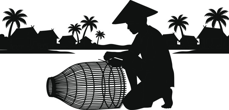 Traditional fisherman silhouette repairing bamboo fish trap, rural village background with palm trees and houses, cultural coastal livelihood vector illustration isolated on white background