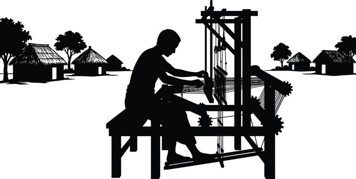 Traditional handloom weaving silhouette illustration in rural village setting, artisan craftsmanship lifestyle concept, cultural heritage textile production, black and white vector