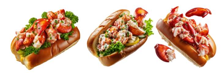 Lobster roll sandwich with lettuce and herbs in a buttered bun, isolated on white transparent background.