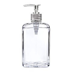 Clear glass pump dispenser bottle isolated on a white background
