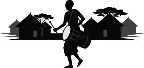 Traditional village drummer silhouette illustration, cultural folk music performance scene, rural celebration concept, ethnic percussion artist vector isolated on white