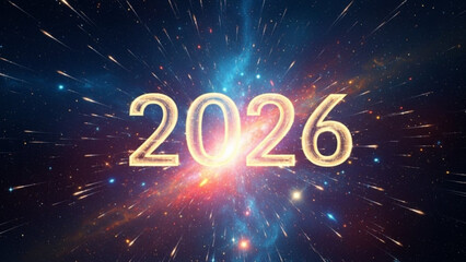 Golden 2026 numbers with bright fireworks celebrating new year and future success abstract backgroun