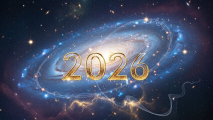 Golden 2026 text over a swirling galaxy representing new year future and space exploration