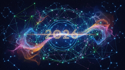 Abstract futuristic network with glowing particles and the year 2026 representing technology and fut