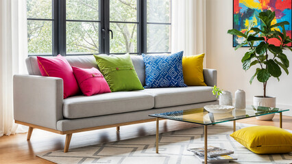 modern living room, sofa with bright pillows