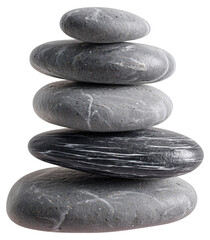 Realistic balanced stack of five smooth grey zen stones isolated on transparent background.