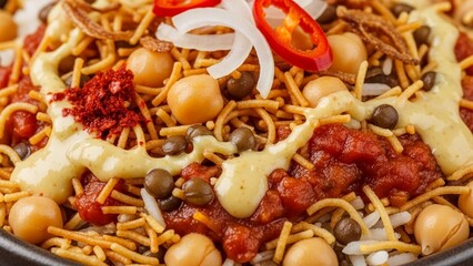 Delicious indian street food bhel puri, garnished with onion rings, chutney, and spices, served in a bowl, with a close up view showcasing the vibrant textures and colors