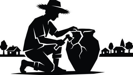 Village potter repairing cracked clay pot silhouette illustration, traditional craftsmanship scene, rural handmade pottery restoration concept vector isolated on white