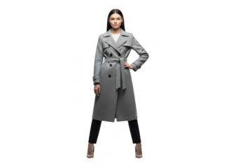 A young woman wearing a stylish grey trench coat and black pants, posing confidently with her hand on her hip, isolated on transparent background