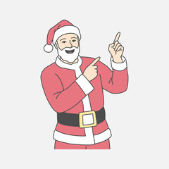 Cartoon illustration of cheerful santa claus pointing up, holiday christmas illustration for advertising, family festivities, seasonal joy marketing