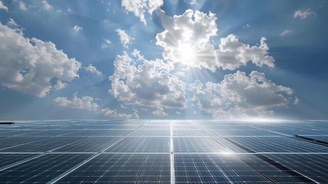 Solar panel array under bright sun and dramatic cloudscape with sunlight sky boosting renewable energy efficient power consumption sustainable future