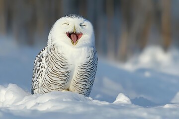 Snowy Owl - Yawning / Smiling in Snow