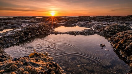 Majestic sunset over rocky tide pools with reflective water and vibrant colors