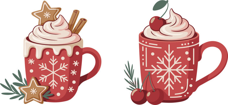 Set of cozy Christmas mugs with hot cocoa whipped cream and cookies, winter holiday beverage vector illustration
