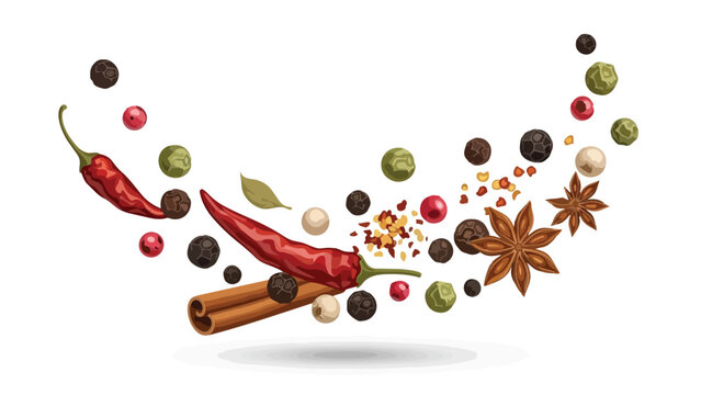 Vibrant illustration of flying spices: chili, star anise, cinnamon, and colorful peppercorns on white.