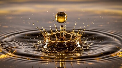 Golden droplet creates intricate crown splash artwork on a serene liquid surface in abstract and dynamic compositions, showcasing fluid motion